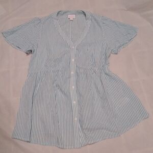 Isabel Maternity Sm Button Up Blue White Stripe Top Short Sleeve